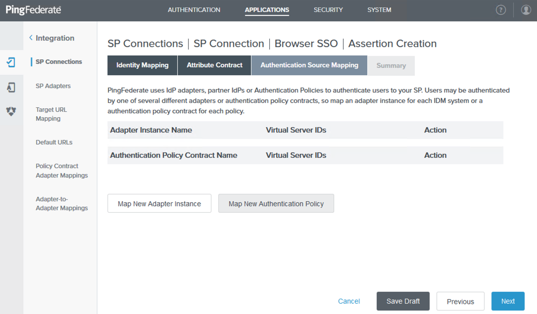 A screen capture of the Authentication Source Mapping tab in the administrative console.