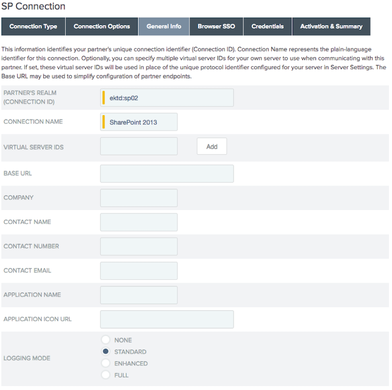 The General Info tab of the admin console SP connection configuration. Information filled in for the Connection ID and Connection Name fields.