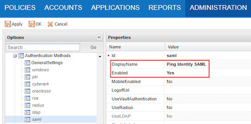 A screen capture of CyberArkSAML authentication method configuration highlighting the DisplayName and Enabled fields.