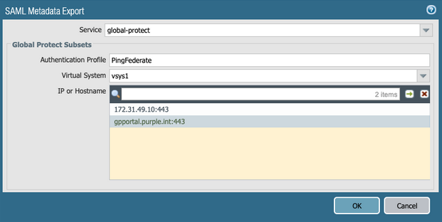 A screen capture of the SAML Metadata Export window in Palo Alto NGFW.