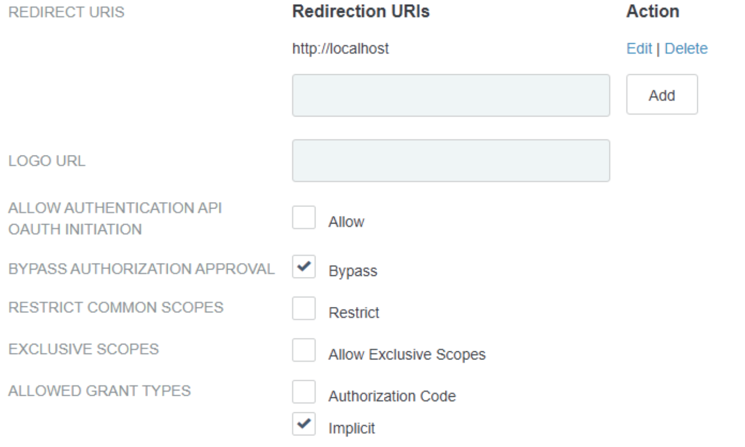 Screen capture showing the Redirect URIs area, and the Bypass Authorization Approval Bypass option and Allowed Grant Types Impact option selected.