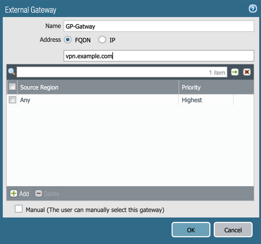 A screen capture of the External Gateway window in Palo Alto NGFW.