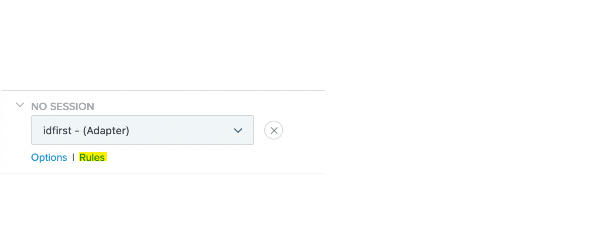 Screen capture of the policy creation page with the Identifier First Adapter selected in the No Session list, and the Rules button highlighted