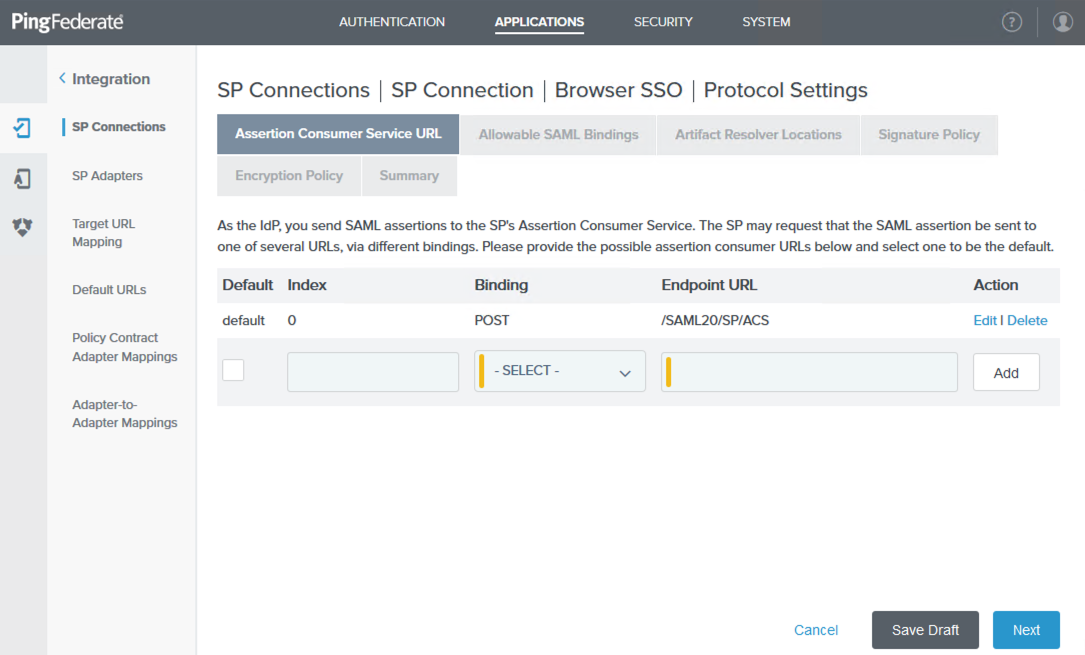 A screen capture of the Assertion Consumer Service URL tab in the administrative console.