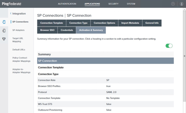 Screen capture of the administrative console on the Activation & Summary tab of the SP Connection section.