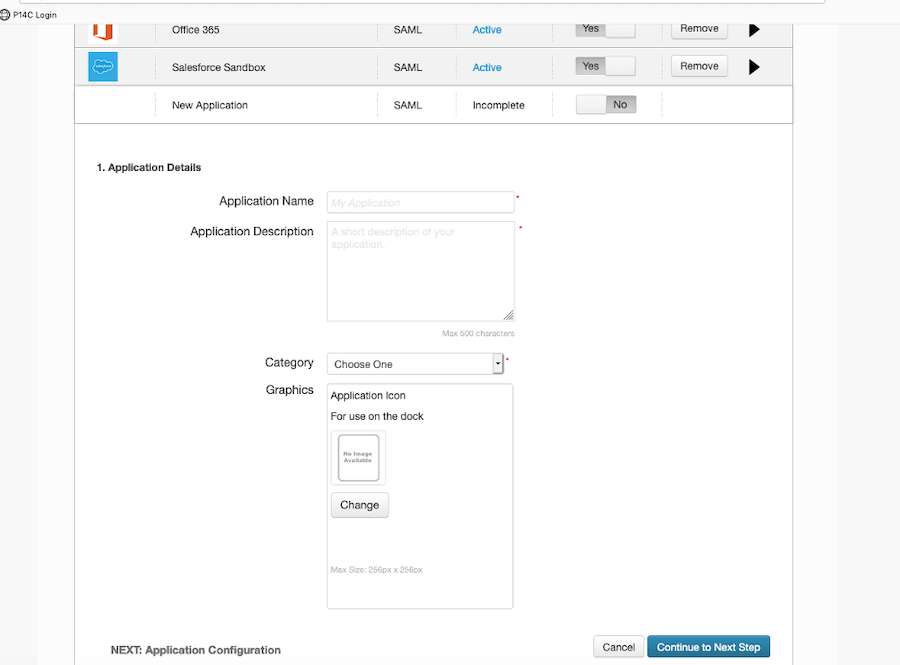 Screen capture of the Application Details section and the corresponding fields. Required fields are defined by a small red asterisk to the right of the field. In addition to the required fields of Application Name, Application Description, and Category, there is a field for Graphics. The bottom of the screen capture includes text that the next step is Application Configuration along with the Cancel and Continue to Next Step buttons.