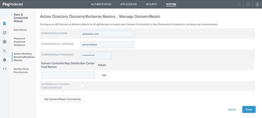 Screen capture of the Active Directory Domains/Kerberos Realms Manage Domain/Realm window showing the required Domain/Realm Name, Domain/Realm Username, and Domain/Realm Password fields.