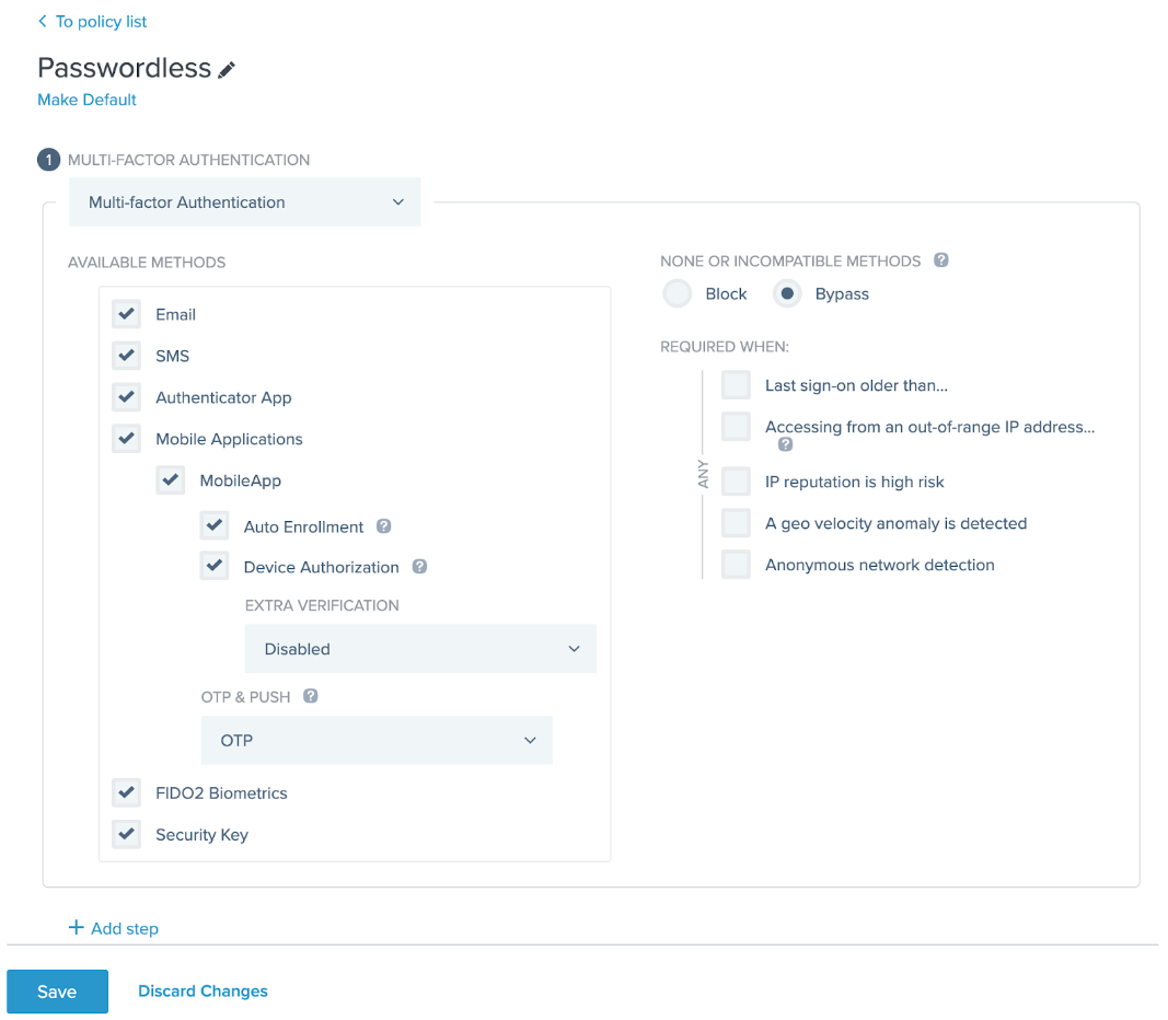 A screen capture of the admin console showing all of the MFA checkboxes. Every checkbox in the Available Methods section is selected.