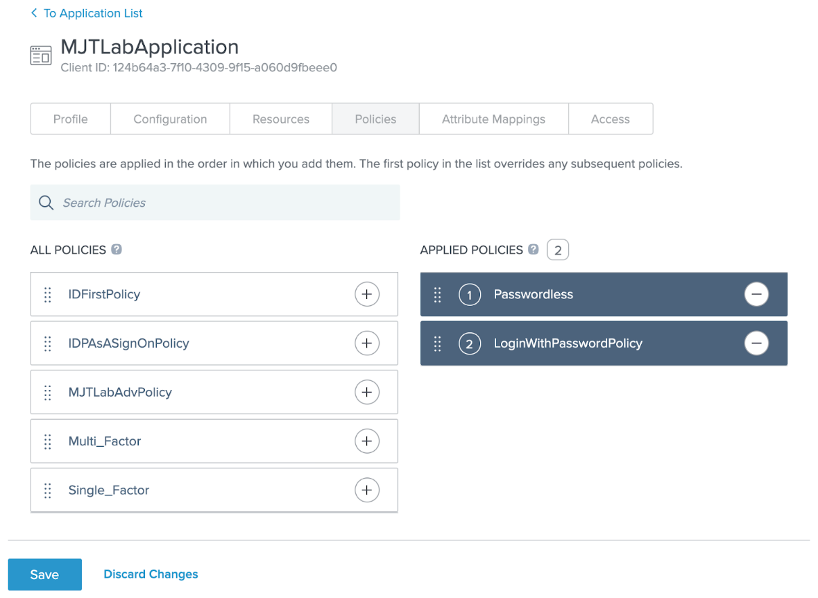 A screen capture of the console showing the Policies tab when editing an application.