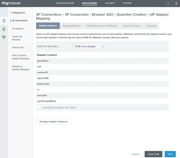 Screen capture of the PingFederate administrative console on the Adapter Instance tab.