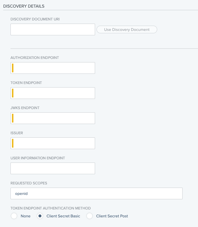 Screen capture of the Discovery Details sections showing the required Authorization Endpoint, Token Endpoint, JWKS Endpoint and Issuer fields.