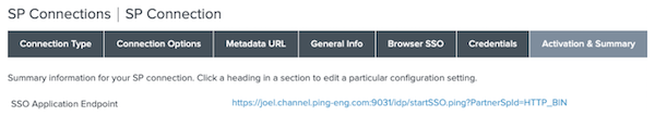 Screen capture illustrating the SSO Application Endpoint URL on the SP Connection Actiation & Summary tab in .