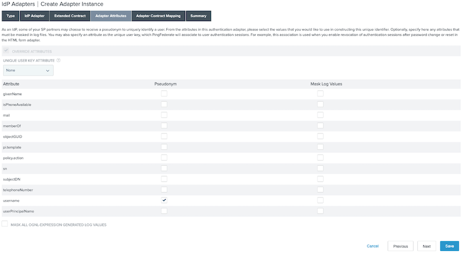 Screen capture of the Adapter Attributes tab showing the username Pseudonym checkbox selected.