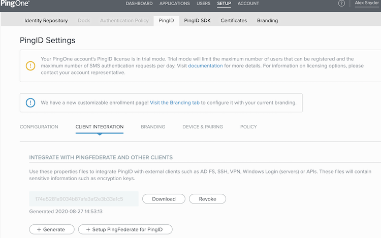 Screen capture illustrating the navigation to Setup Client Integration Integration with and Other Clients in the admin console.