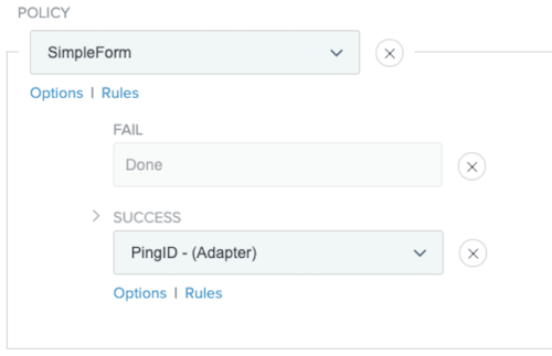 Screen capture illustrating the Policy configuration for a authentication policy. The Policy type shows SimpleForm. After this field are the Fail field set to Done and the Success field set to - Adapter. There are two hyperlinks below the Success field: Options and Rules.