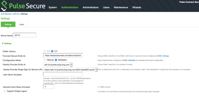 Screen capture of the Pulse Secure administrative console with the New Server configuration page showing the Settings section.